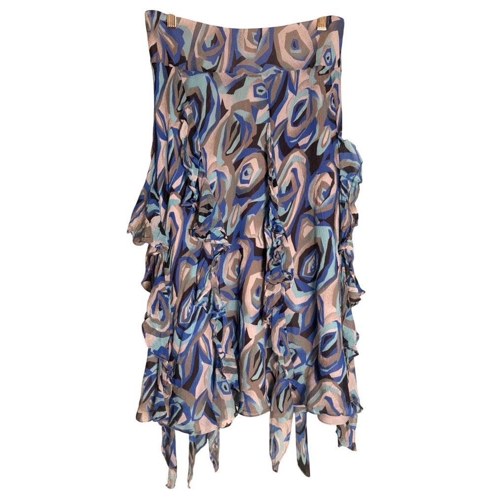 Y2K Jones New York Silk Ruffle Skirt Blue Abstract Print Handkerchief Hem Size 6